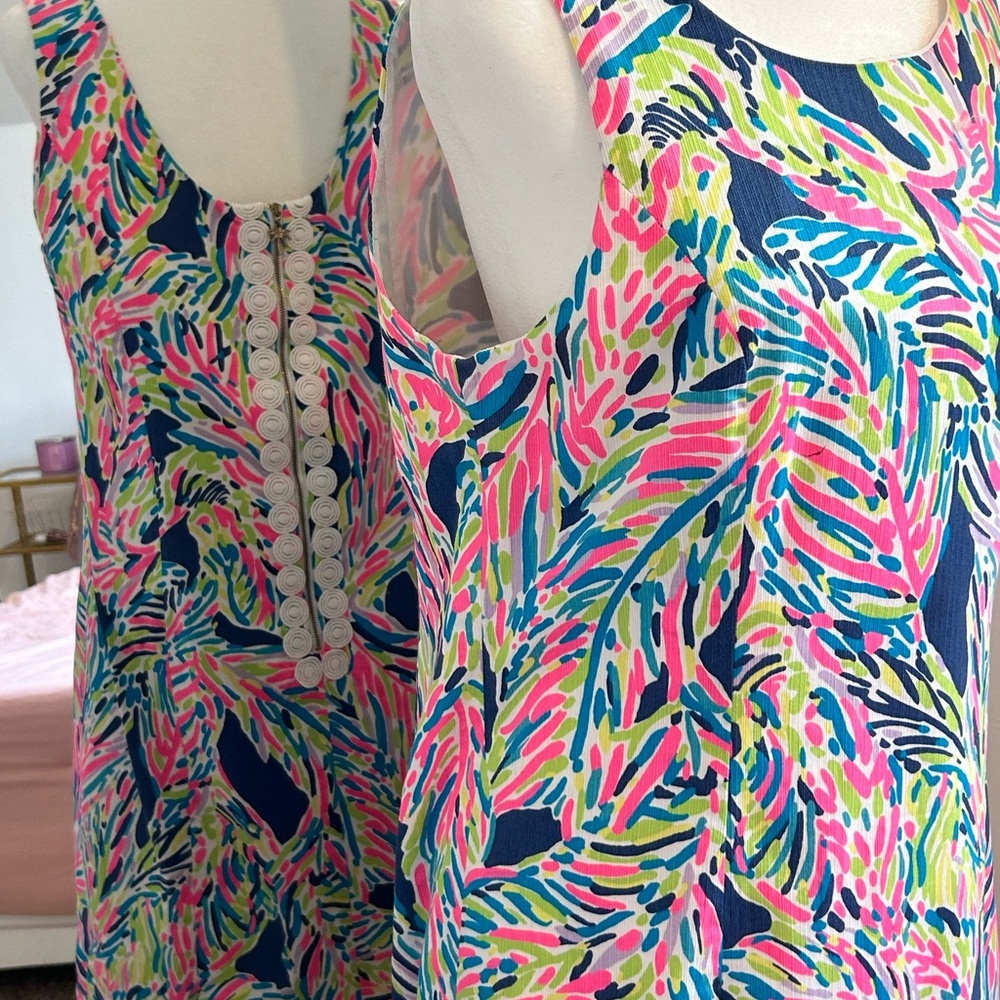 LILLY PULITZER Cathy Shift Dress Sz 10 Indigo Palm Reader Lace Back Detail